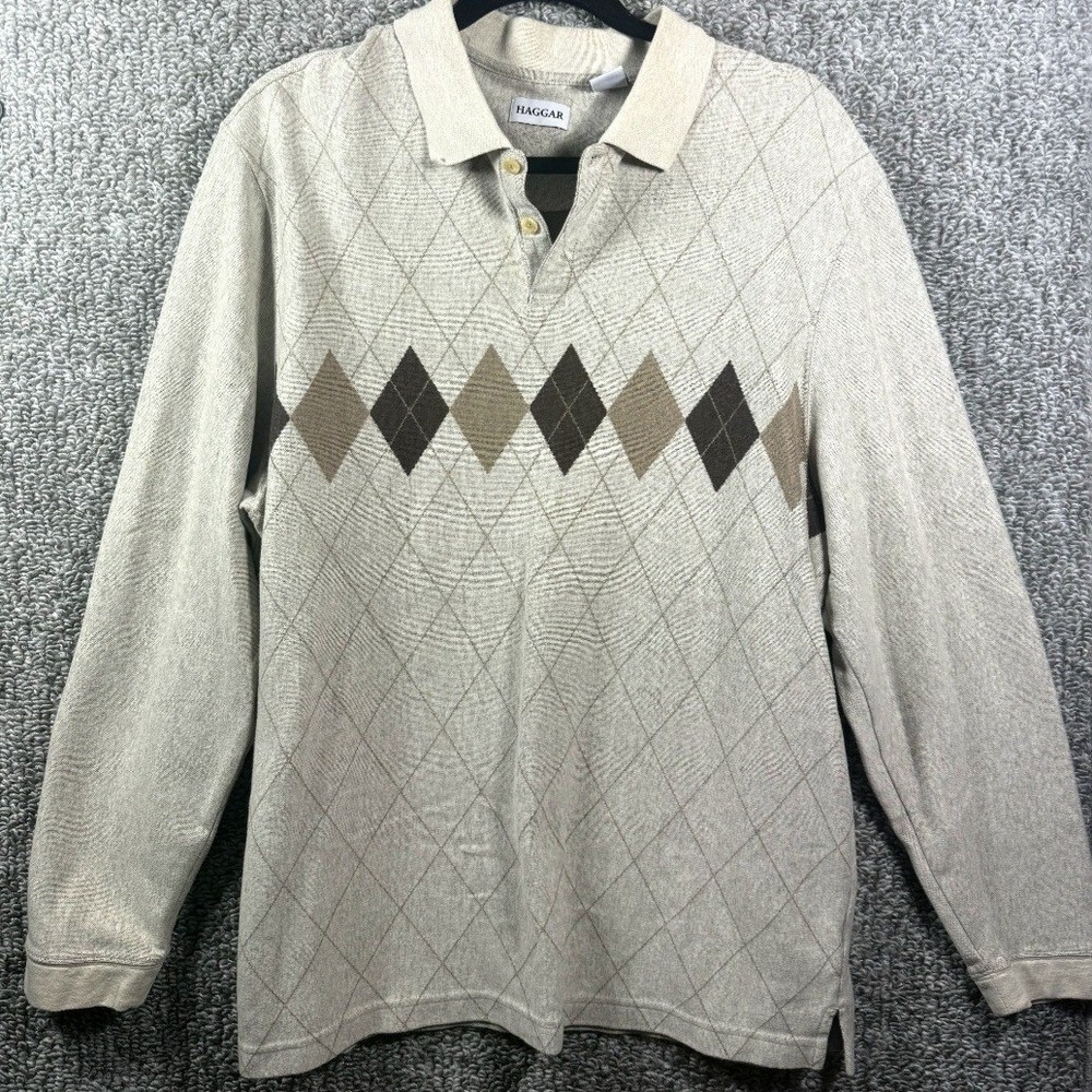 Haggar Argyle Polo Sweater Long Sleeve Beige Brown Golf‎ Pullover - Mens XL